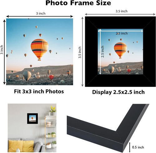JCJMY 3x3 Picture Frame - Black Square Photo Frame with Shatter-Resistant Plexiglass | Sturdy Tabletop Display