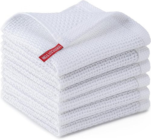 BOOMIBOO 6-Pack Cotton Waffle Weave Dish Cloths - Ultra Soft & Absorbent, Quick Drying, 12x12 Inches, White