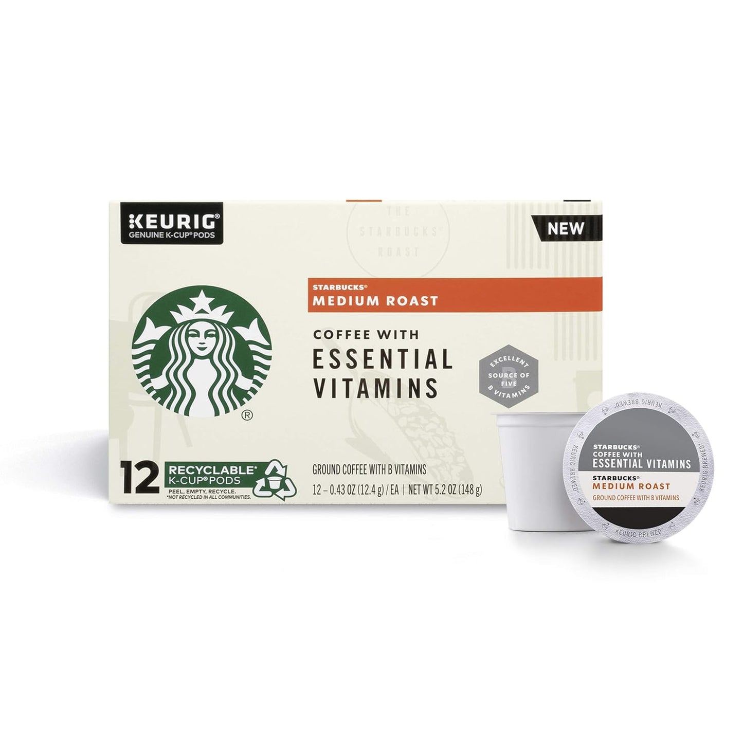 Starbucks Medium Roast K-Cup Coffee Pods - Essential B Vitamins for Keurig Brewers | 48 Pods (4 Boxes)