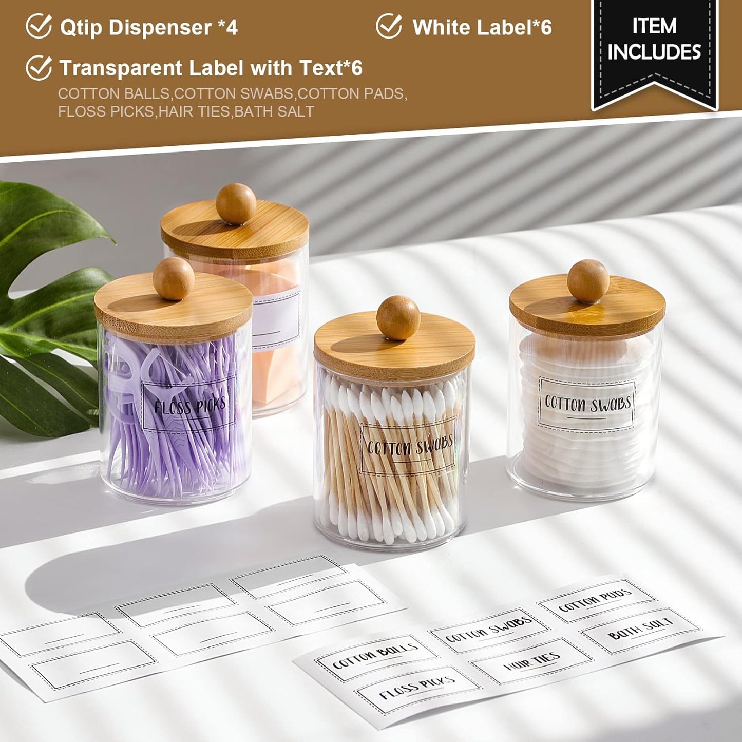 Qtip Holder Dispenser by [Brand Name] - 10 oz Clear Plastic Apothecary Jar with Bamboo Lids | Vanity Makeup Organizer Set