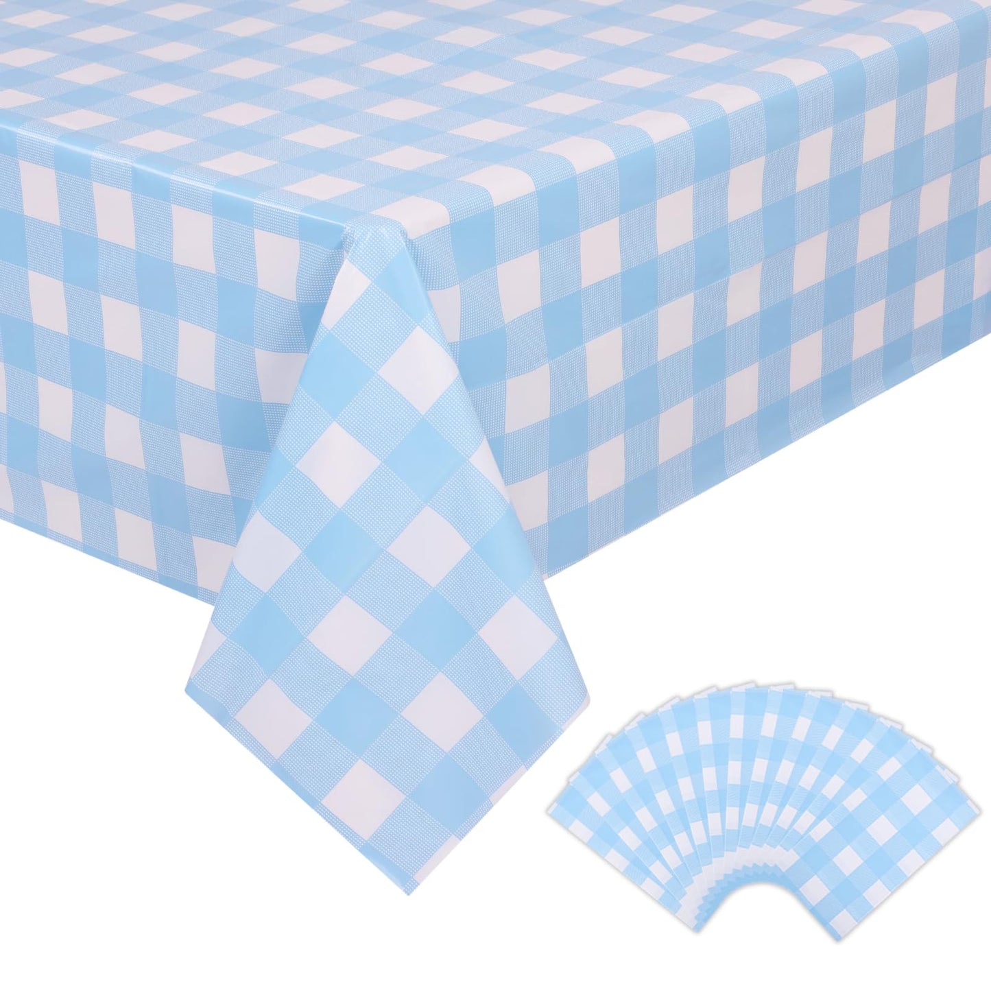 Kesfey 12 Packs Light Blue Gingham Tablecloth Pale Blue and White Checkered Tablecloths 54 x 108 Inch Disposable Plastic Gingham Tablecovers Waterproof Rectangle Picnic Table Cover for Birthday Party