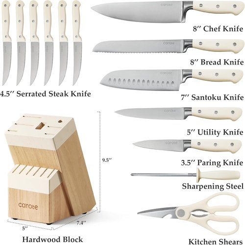 CAROTE 14-Piece Knife Set - Forged High Carbon Stainless Steel Blades | Dishwasher Safe Cutlery, Cream
