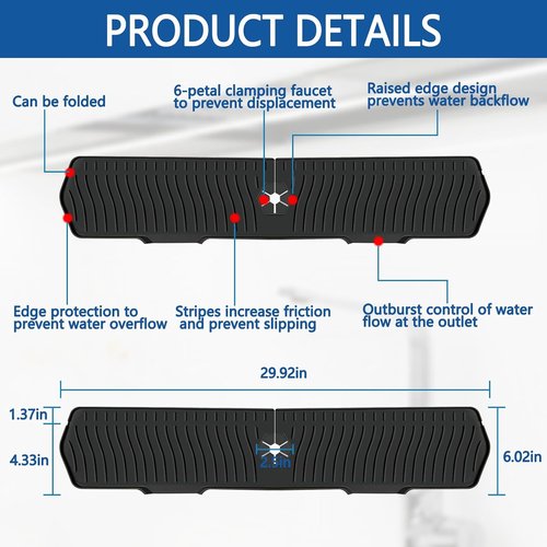 EBIGIC Silicone Sink Mat Splash Guard - 30" x 6" for Kitchen, Bathroom, Farmhouse, RV | Black