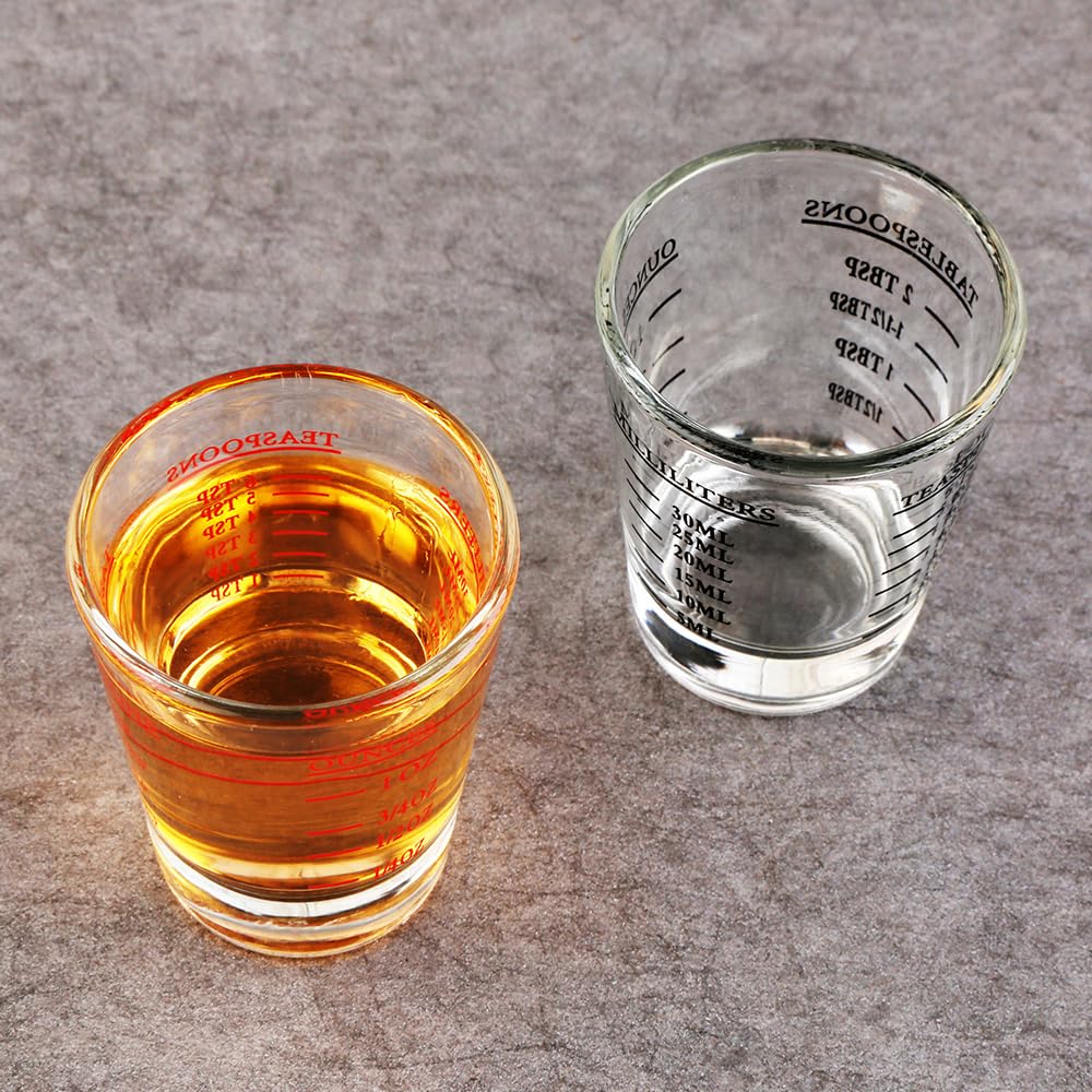 BTGLLAS Set of 2 Shot Glasses - Heavy Glass, Perfect for Measuring Espresso, Wine, and More 26-Incremental Measurement 1oz, 6 Tsp, 2 Tbs, 30ml (2, Red+Black)