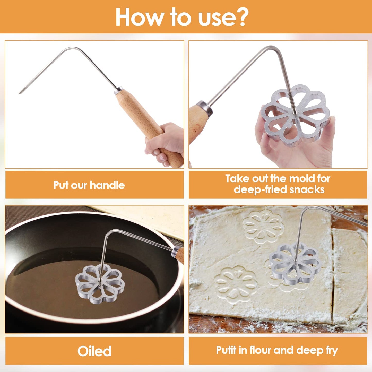 7 Pieces Rosettes Timbale Set, Rosette Iron Set with Handle, Lotus Flower Bunuelos Cookie Maker Mold, Funnel Cake Maker Kit, 2Pcs