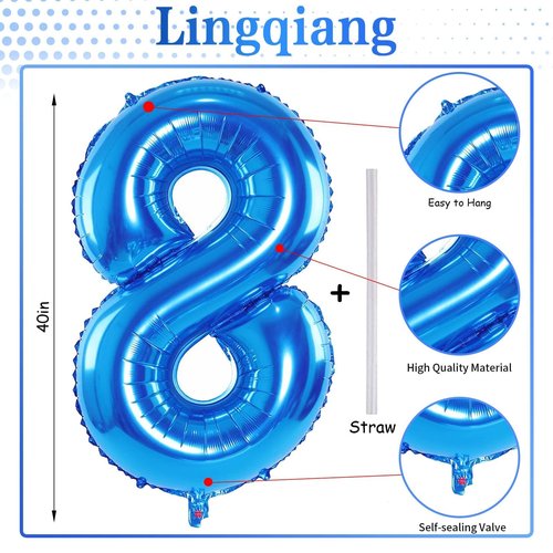 Blue Foil Balloon Number 8, 40'' Giant Self Inflating Number Balloons Set 0-9, Large Number 8 Digital 8 Helium Balloon for Boys Men 8th 18th Birthday Graduation Anniversary Party Decorations Supplies