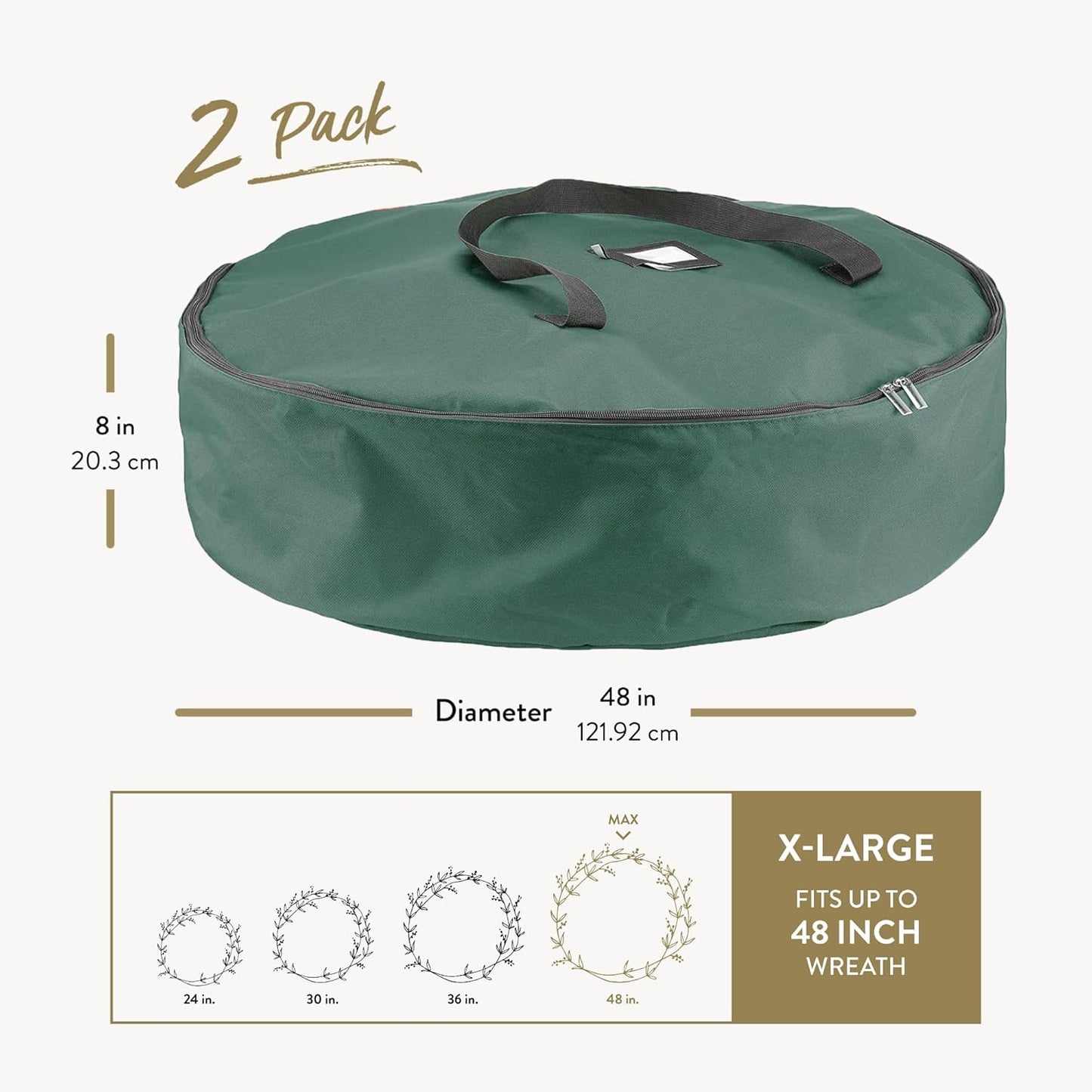 ZOBER 48-Inch Oxford Christmas Wreath Storage Container - Waterproof Dual Zipper Bag with Durable Handles | Green