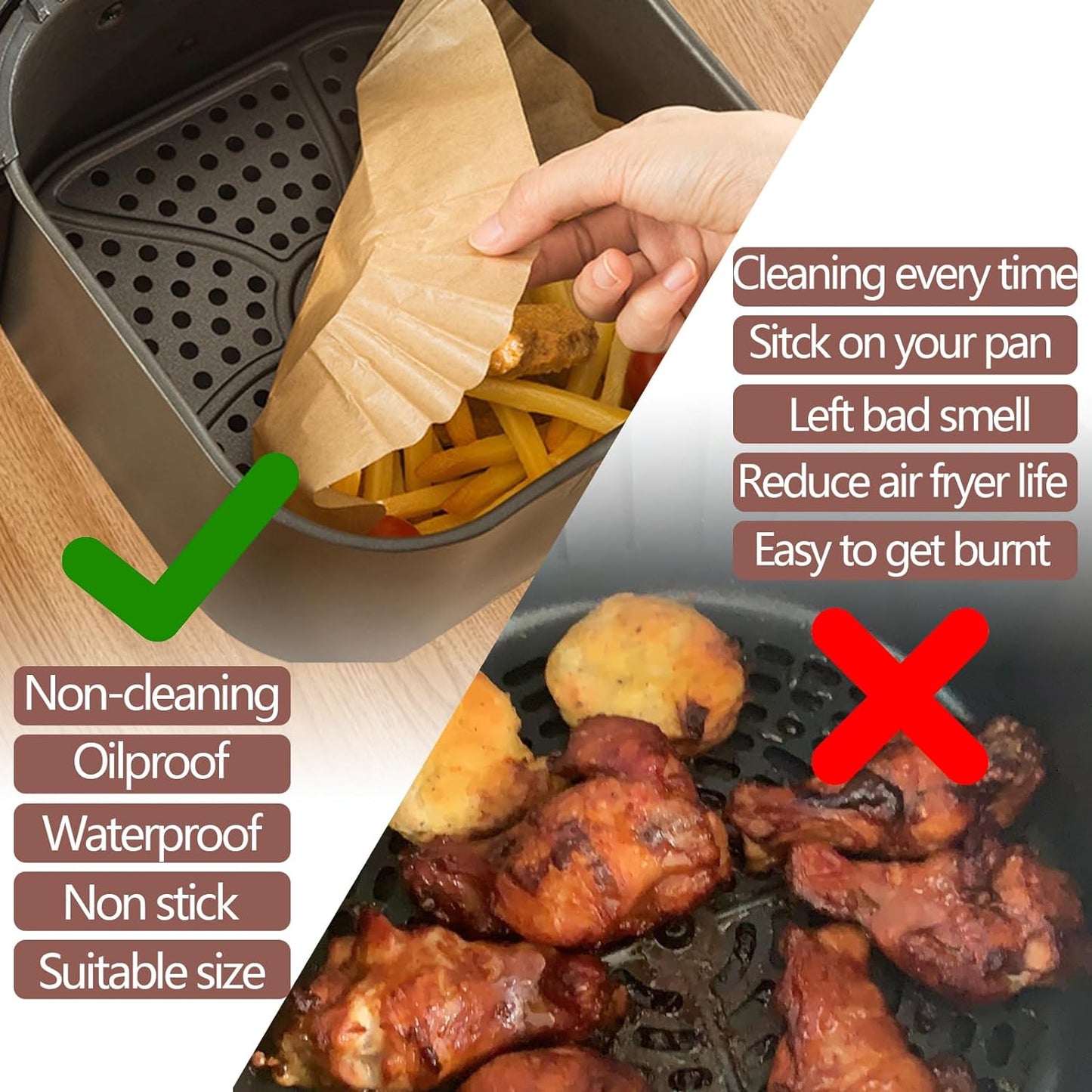 UBeesize Air Fryer Paper Liners - 300 PCS Non-Stick Parchment Sheets | 7.5 Inch Square, Bleach-Free
