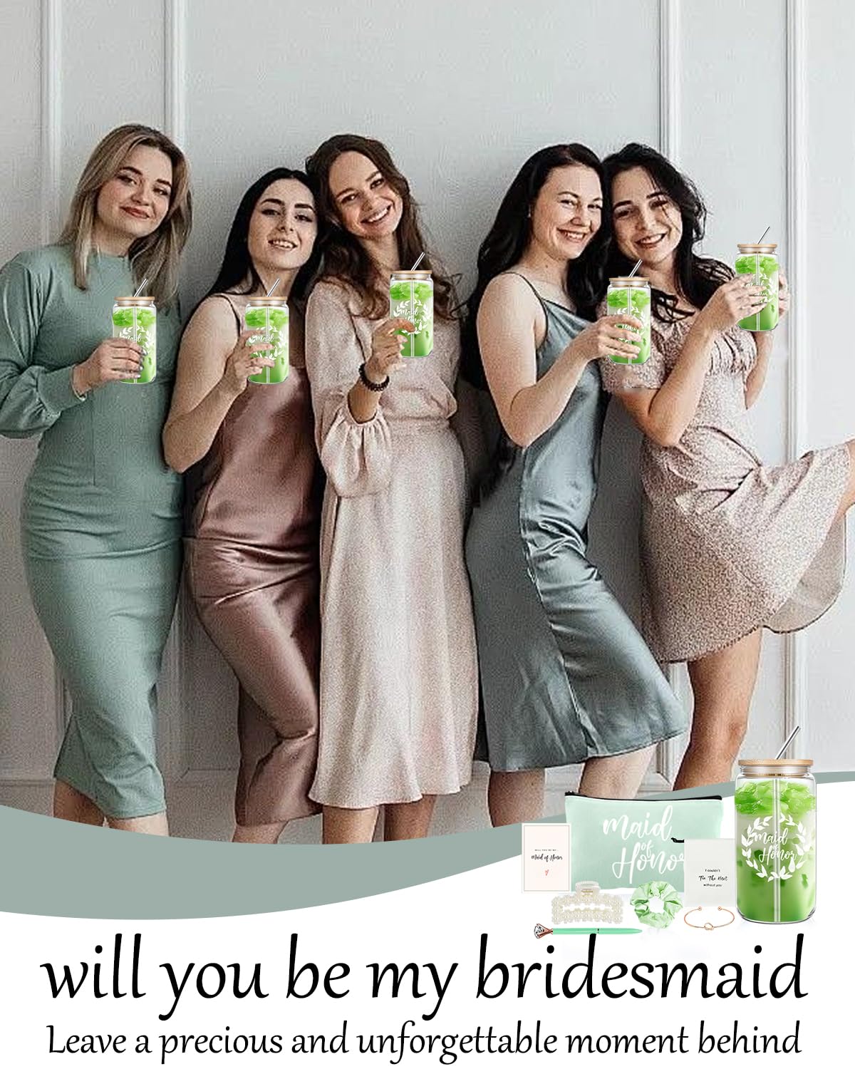 DHQH Bridesmaid Proposal Gifts Box Set, Will You Be My Maid of Honor Gifts for Bridal Shower Wedding, Bridesmaid Gifts Basket With 16 oz Iced Coffee Cup Bracelets Necklace (36pcs)