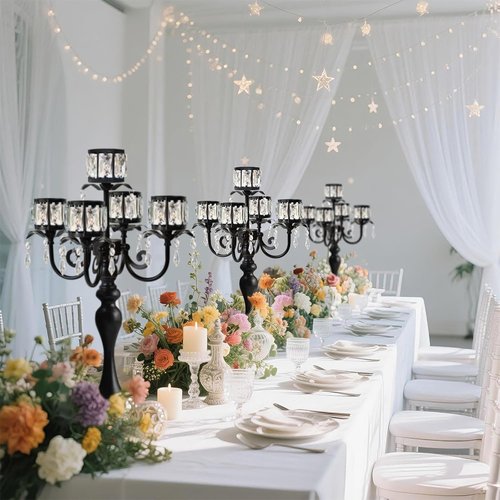 Crystal Candle Holder by [Brand Name] - 5-Arm Black Metal Design | 22-Inch Tall Wedding Centerpiece