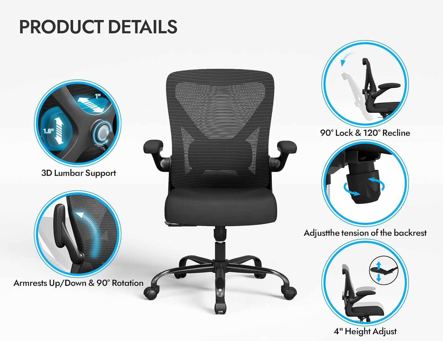 Skiennix Ergonomic Office Chair - Adjustable Lumbar Support for Home, Gaming & Work | Comfortable Black Design