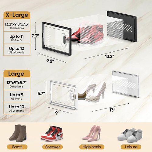 BALEINE Stackable Shoe Storage Boxes - 12 Pack Thickened Clear Plastic Organizer | Fits Size 11, X-Large Black