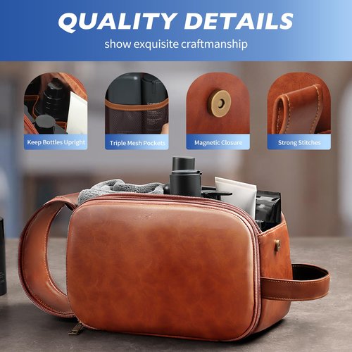 HOTOR Travel Toiletry Bag - Water Resistant Travel Essentials for Women and Men, Compact Leather Toiletries Organizer with Handle, Versatile Cruise Ship Essentials, Brown, Medium