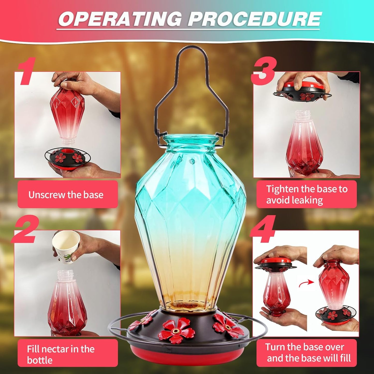 Skiennix Glass Hummingbird Feeder - 25 Oz Leak-Proof Outdoor Nectar Feeder with 5 Flower Ports | Diamond Green