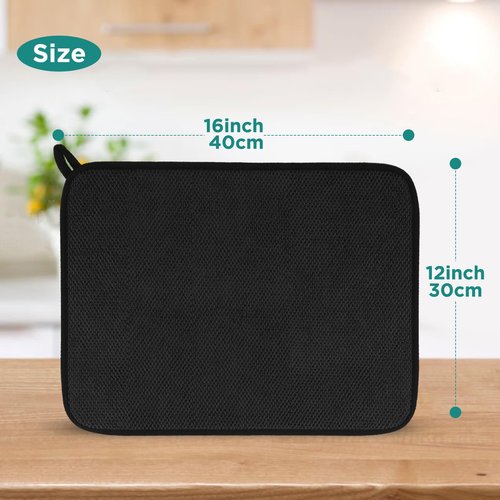 GeeRic Microfiber Dish Drying Mat, Super Absorbent Kitchen Dish Drying Pad, Reversible for Countertop, 12*16 inch Black