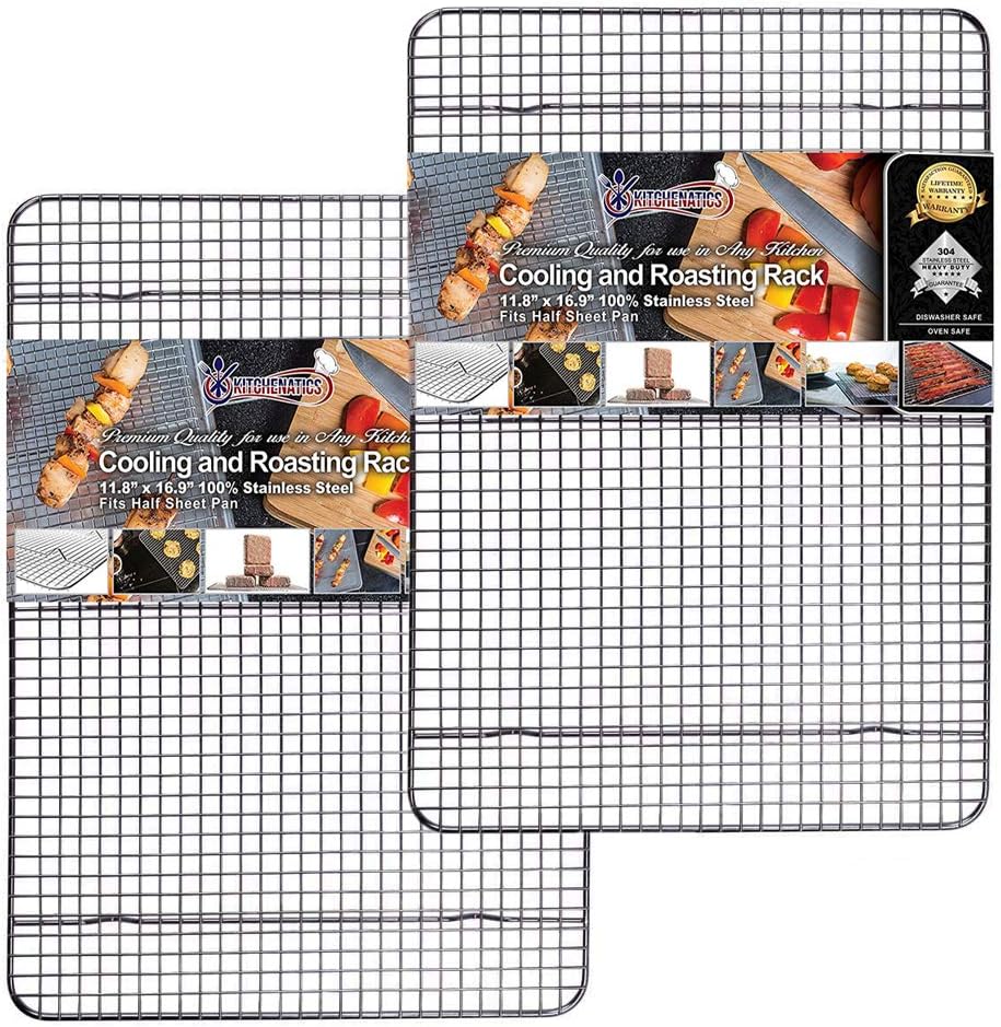 KITCHENATICS Stainless Steel Cooling Racks - Heavy-Duty Baking & Roasting Grids | Fits 13x18 Half Sheet Pans | Oven-Safe to 575°F, Set of 2