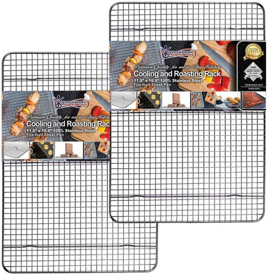 KITCHENATICS Stainless Steel Cooling Racks - Heavy-Duty Baking & Roasting Grids | Fits 13x18 Half Sheet Pans | Oven-Safe to 575°F, Set of 2