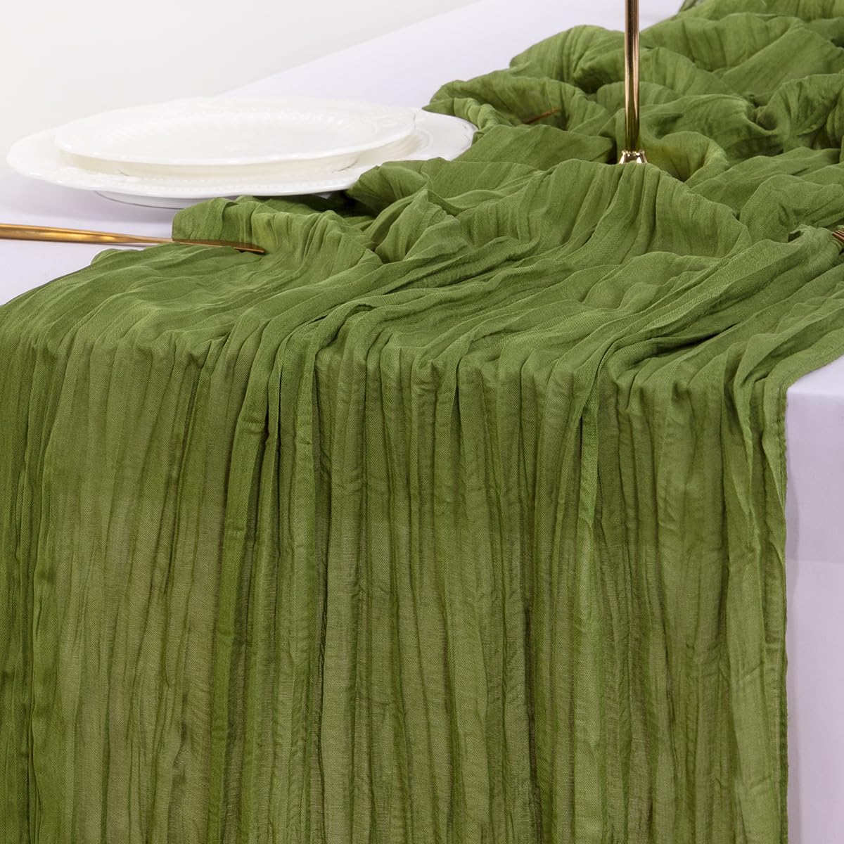 Socomi 3pcs Campsite Green Summer Cheesecloth Table Runner Boho Rustic Gauze 120 inch 10FT Cheese Cloth Sheer Runner for Wedding Party Baby Shower Birthday Home Decor Holiday Decorations