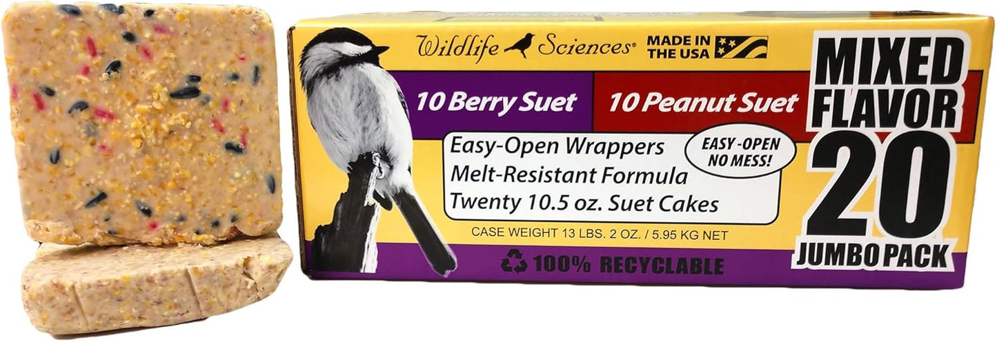 Wildlife Sciences Jumbo Suet Cake 20 Pack - 10 Peanut & 10 Berry | 10.5 oz. Suet Cakes for Wild Birds