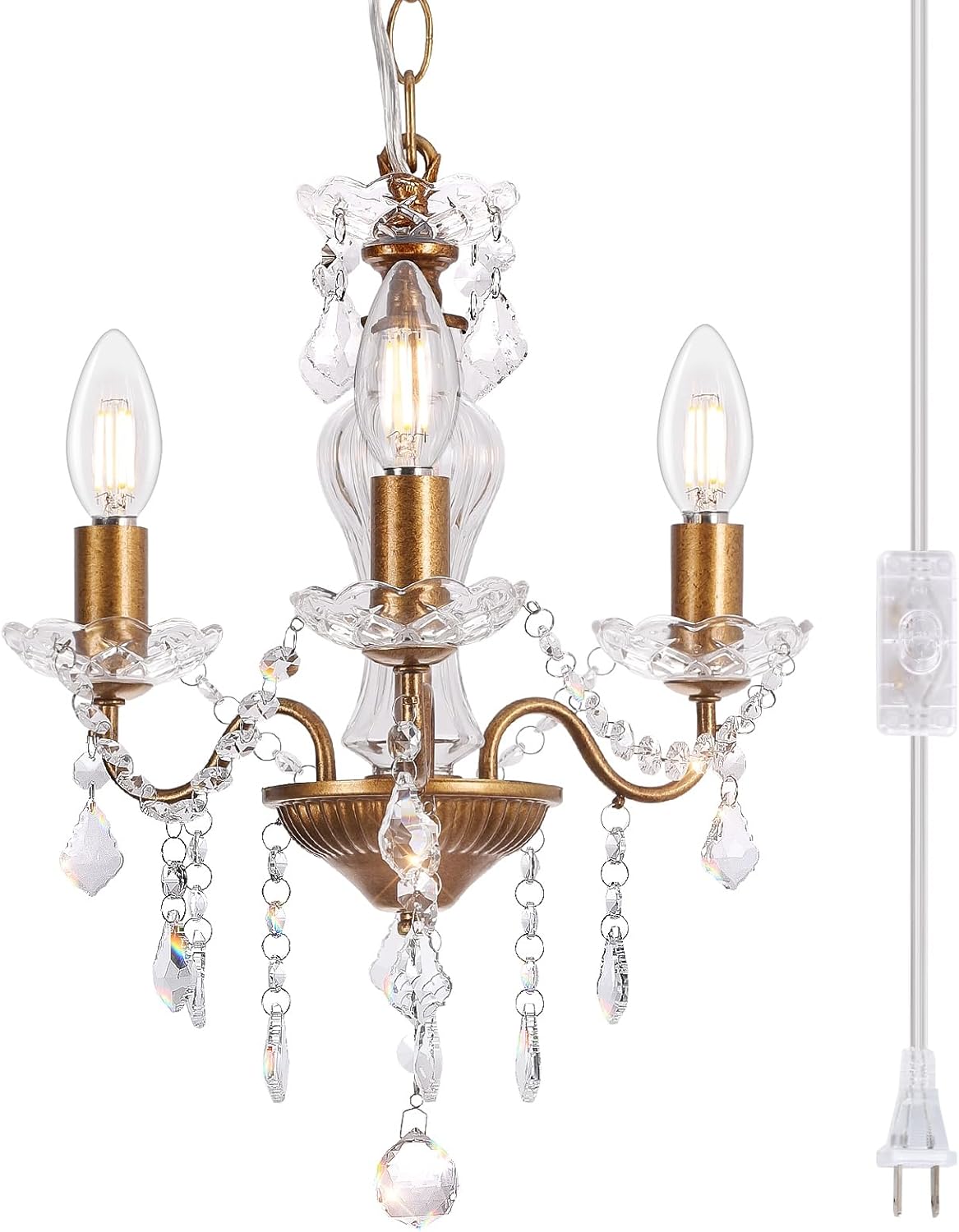 Plug in Modern 3-Light Gold Chandelier with Glass Crystals, Candle Style Pendant Light Fixtures for Living Room, Girls Room, Kitchen Island, Entryway