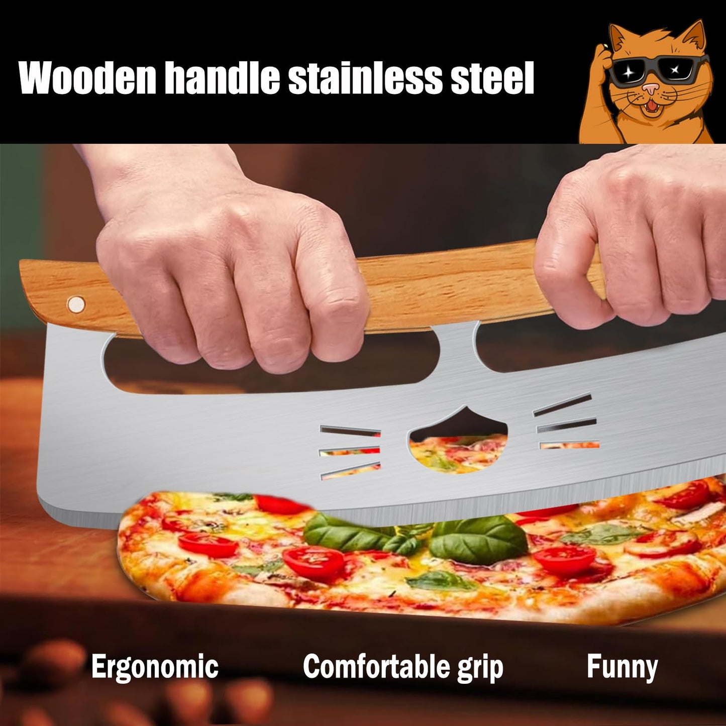Pizza Cutter Rocker: 14-Inch,Funny Pizza Slicer Consists of Stainless Steel and Wooden Handle,Pizza Cutter with Protective Blade Guard - Pizza Oven Accessories Gifts for Men Dad.