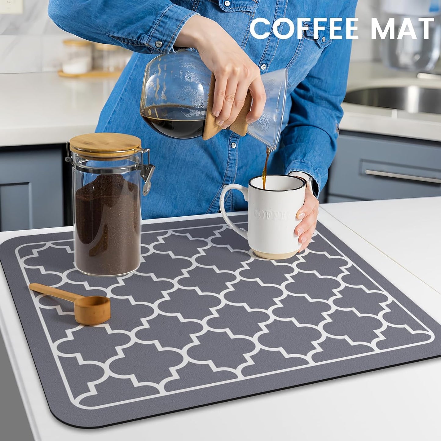 WISELIFE Dish Drying Mat - Super Absorbent Kitchen Counter Mat | Large 15"x18" Stylish Grey Design