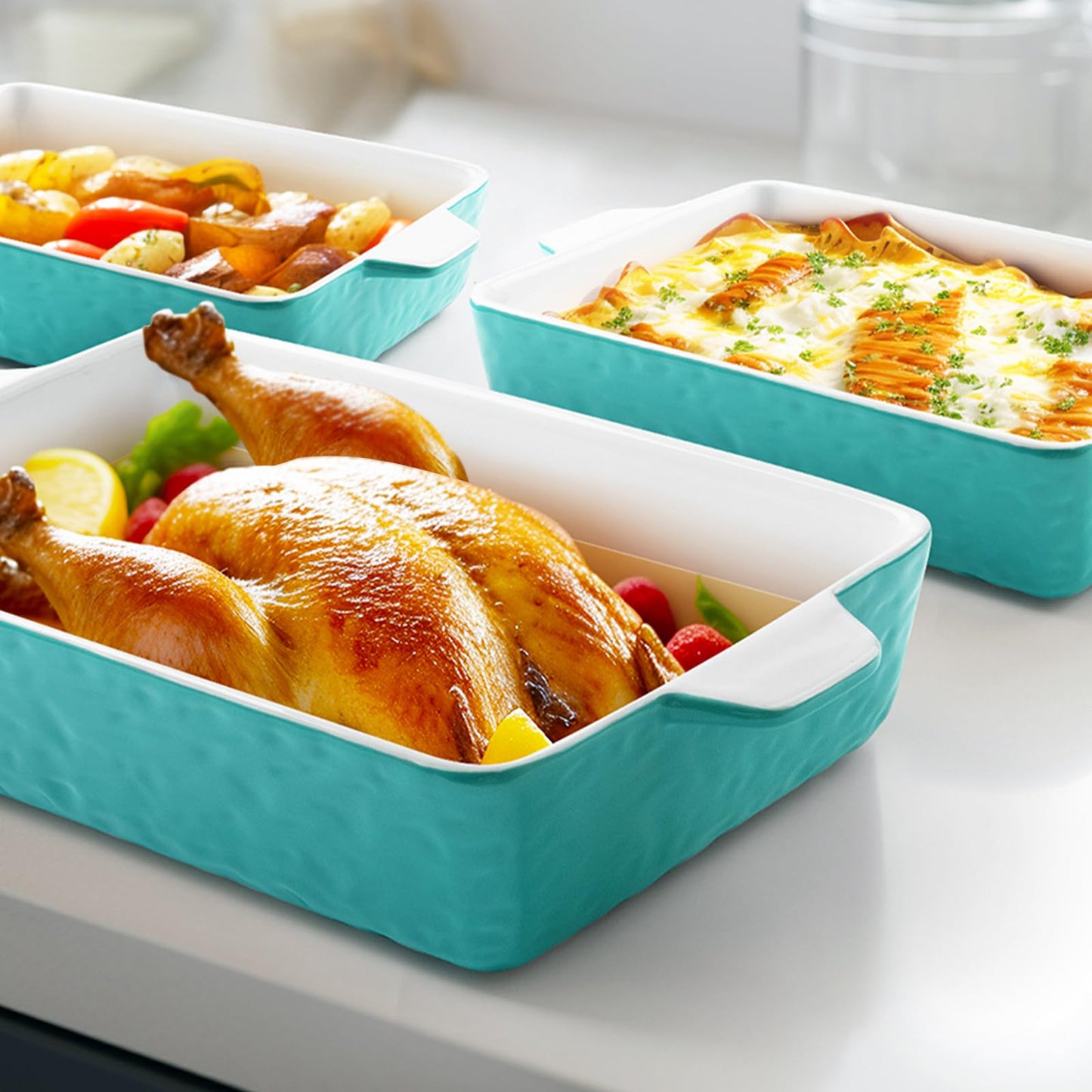 Krokori Casserole Dishes for Oven, Ceramic Baking Dishes, Lasagna Pan with Handles, Porcelain Baking Pan Deep, Bakeware for Baking, Cooking, Wedding Gift, Set of 3 (11.6" x 7.8", Aquamarine)