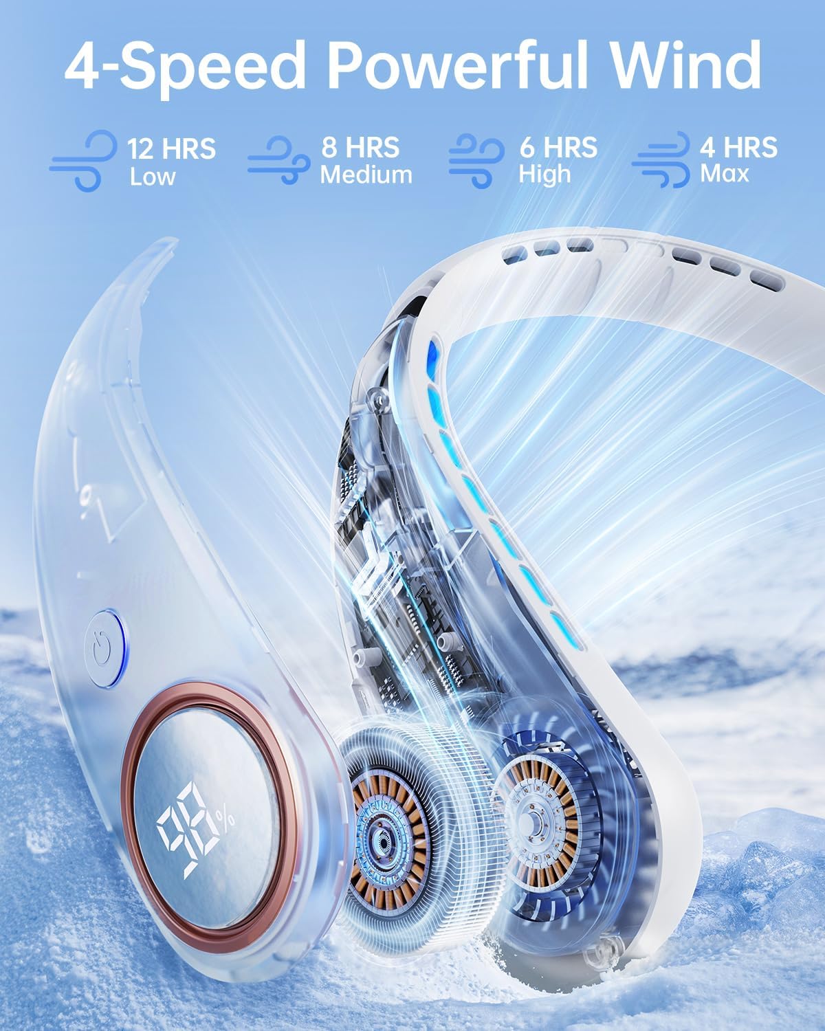 Skiennix Bladeless Neck Fan - Portable 5000mAh USB Rechargeable Cooling Device | 4 Speed LED Display (White)