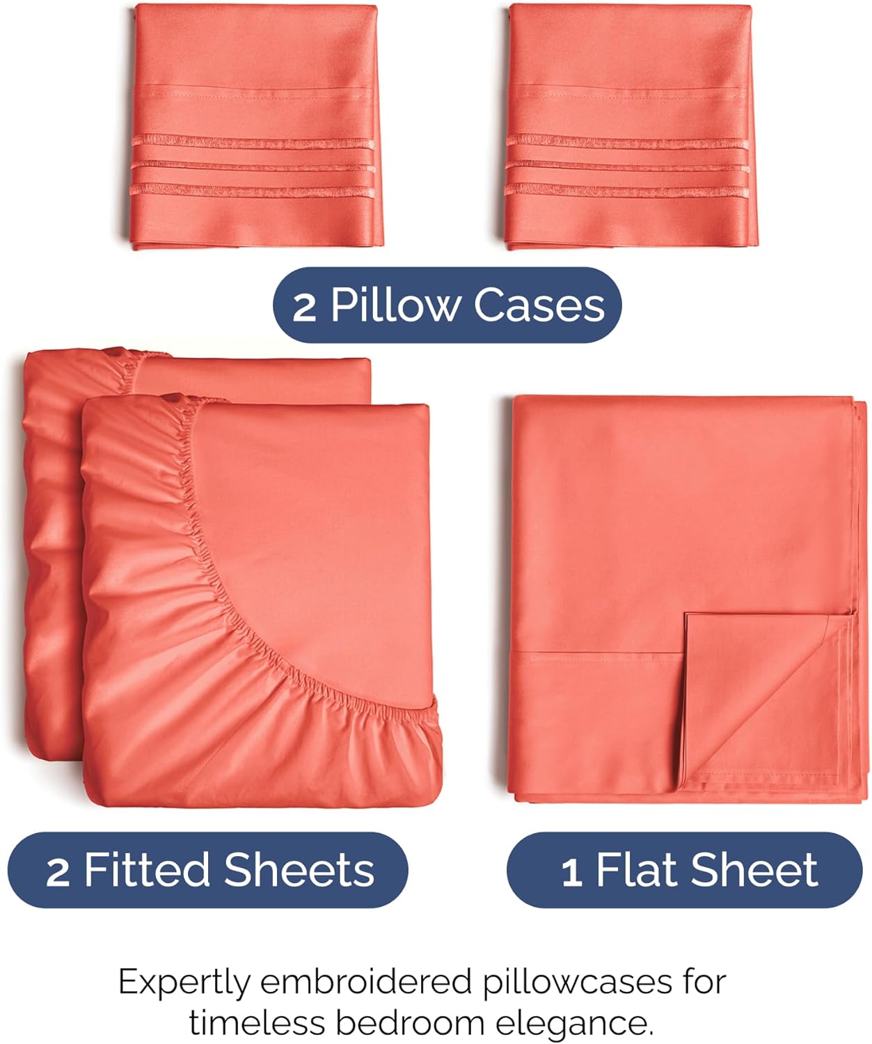 Split King Size 5-Piece Sheet Set - Comfy Cooling Bed Sheets for Luxurious Sleep - Deep Pockets, Soft & Wrinkle-Free - Oeko-Tex Certified - Coral