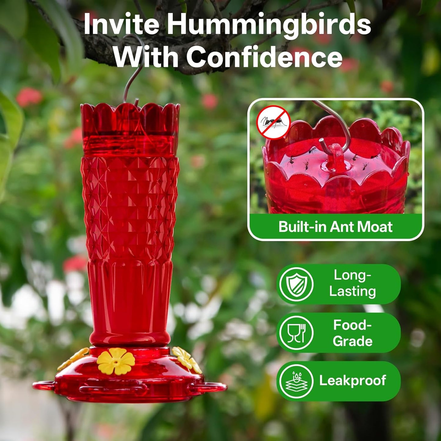 Skiennix Hummingbird Feeders - 14oz Ant & Bee Proof Design | 4 Feeding Ports for Outdoor Garden Decor, Red - 2 Pack