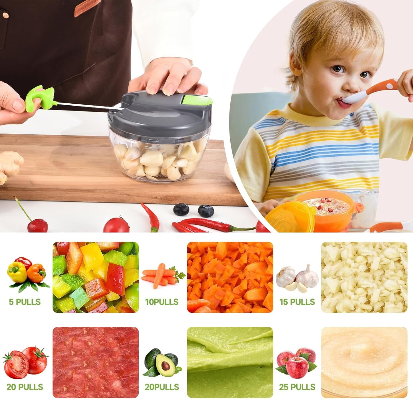 Skiennix Manual Food Processor - Portable Hand-Pull Vegetable Chopper | 500ml Gray-Green Mincer for Garlic, Onions, and More