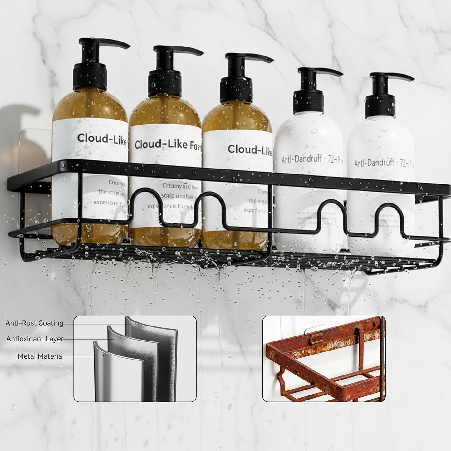 Skiennix Adhesive Shower Caddy - Large Capacity No Drill Bathroom Organizer | 2 Pack Black Shelves