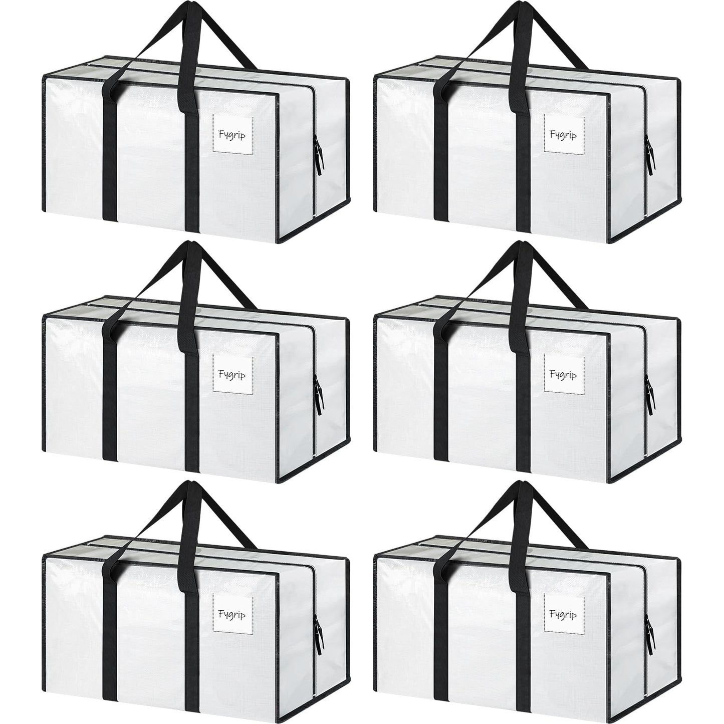 6 Pack Extra Heavy Duty Large Moving Bags with Strong Zipper & Comfortable Handles, Sturdy & Durable Clothes Storage Bags Totes Bins, Packing Moving Boxes for College Supplies, White