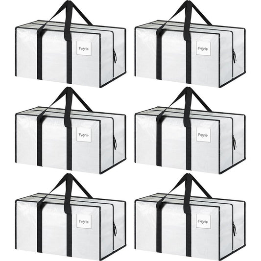 6 Pack Extra Heavy Duty Large Moving Bags with Strong Zipper & Comfortable Handles, Sturdy & Durable Clothes Storage Bags Totes Bins, Packing Moving Boxes for College Supplies, White