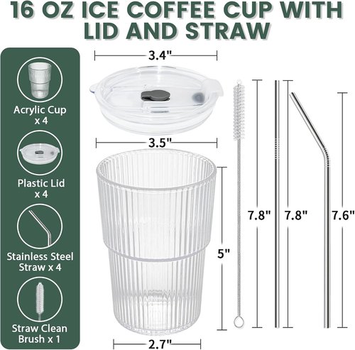 HIGIINC Iced Coffee Cups - 16 OZ Unbreakable Glasses Set with Lids & Straws | Reusable & Dishwasher Safe