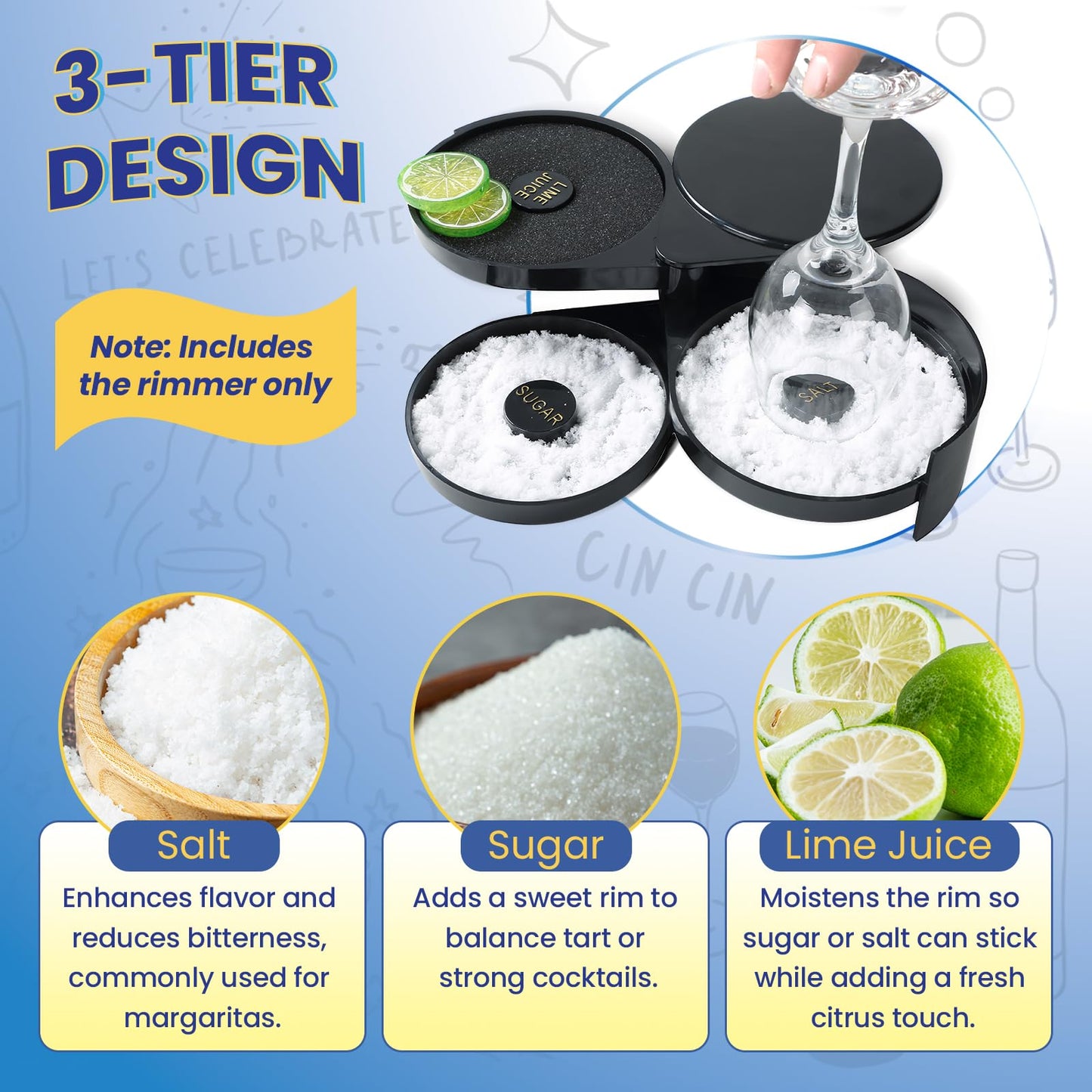 NATGAI 3-Tier Bar Glass Rimmer Bartender Tool | Bar Juice Cocktail Seasoning Box with 3 Swing-Out Trays, Sponge Included, Plastic Margarita Cocktail Bartender Tool, for Party, Bar, and Reception