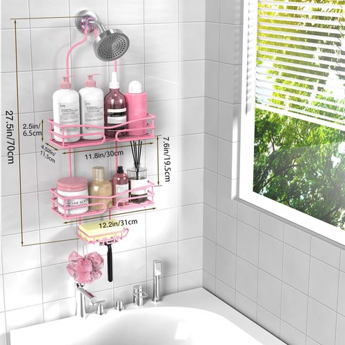 DAOYA Pink 3-Tier Shower Caddy - Overhead Bathroom Organizer with Soap Holder & 6 Hooks