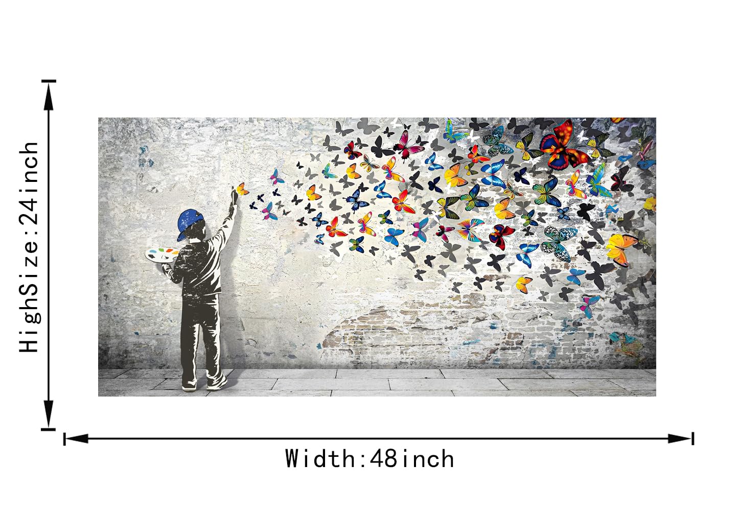 Home Decor Graffiti Canvas Wall Art for Living Room Boy Painting Butterflies Pictures Modern Street Graffiti Artwork Prints, Framed 48" x 24"
