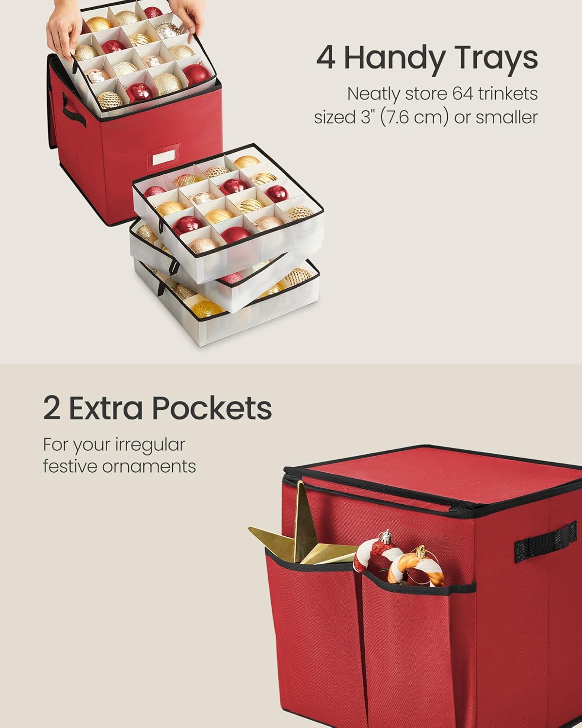 SONGMICS Christmas Ornament Storage Box - Stackable Dual Zipper Container with 64 Slots | Cherry Red, 600D Oxford