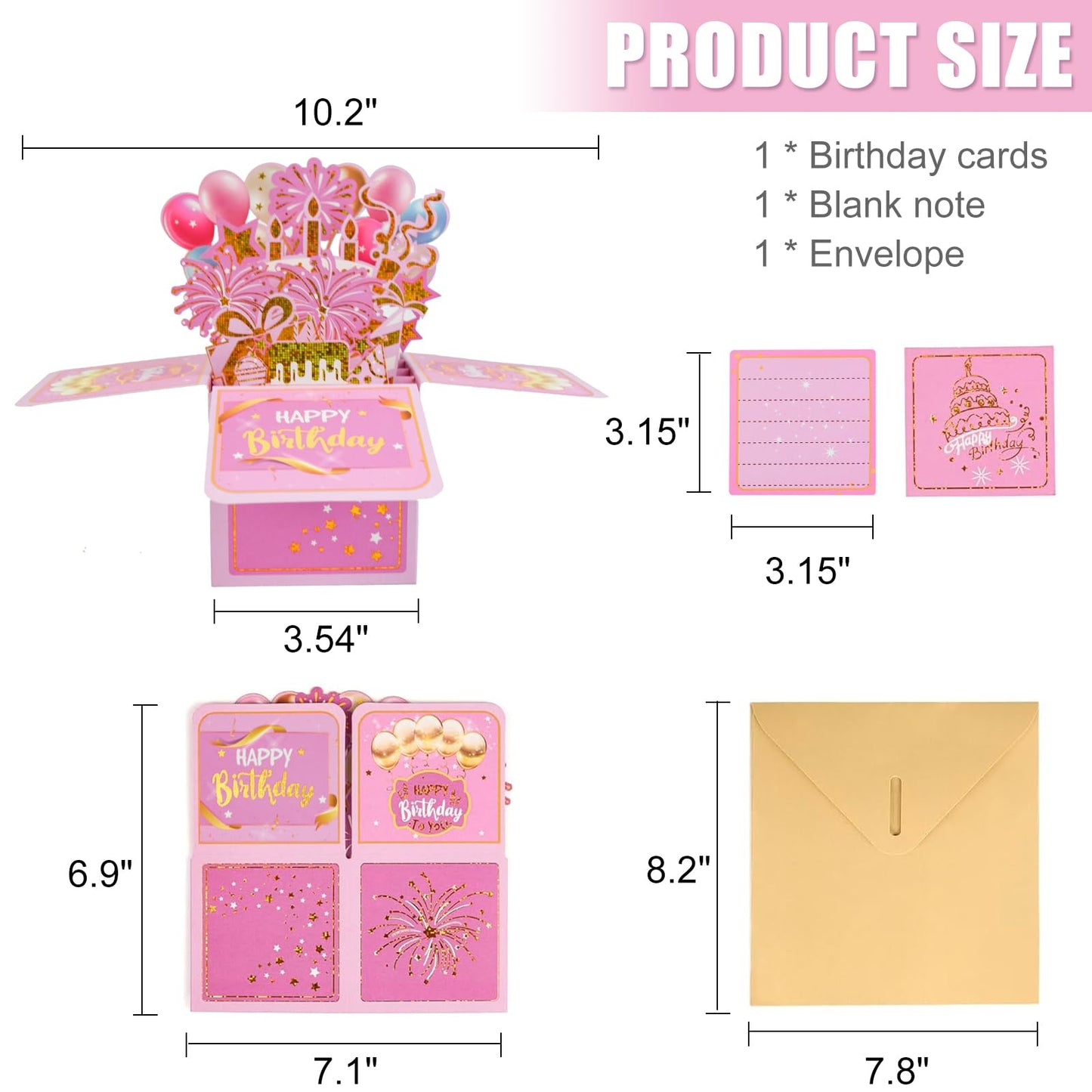 Surprise Pop Up Happy Birthday Cards, Lovely 3D Birthday Card for Adults and Kids with Envelopes, Unique Design Handmade Foldable Greeting Cards for Daughter, Son, Mom, Dad, Friend（Pink）