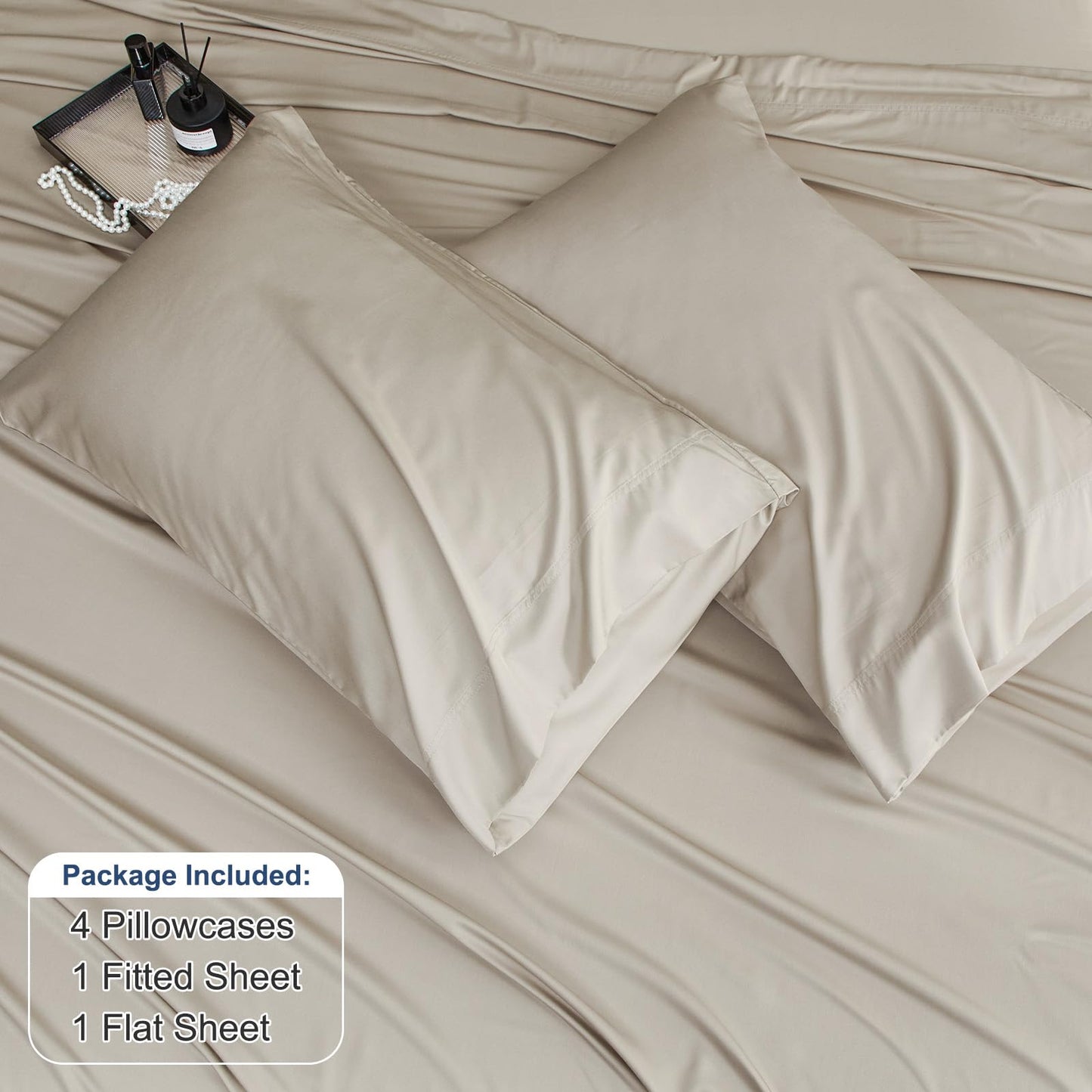 David's Home 6PCS Cooling Sheets Set Queen Size, 100% Rayon Derived from Bamboo, 16" Deep Pocket 2.5cm Wider Elastic, Luxury Silky Breathable for Hot Sleeper,Breathable Smooth Soft, Light Taupe