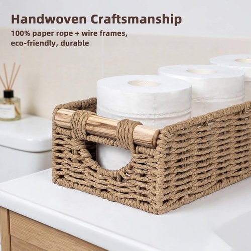 CubesLand Back of Toilet Storage Basket - Handwoven Wicker Organizer with Cut-Out Handle | Neutral Home Decor