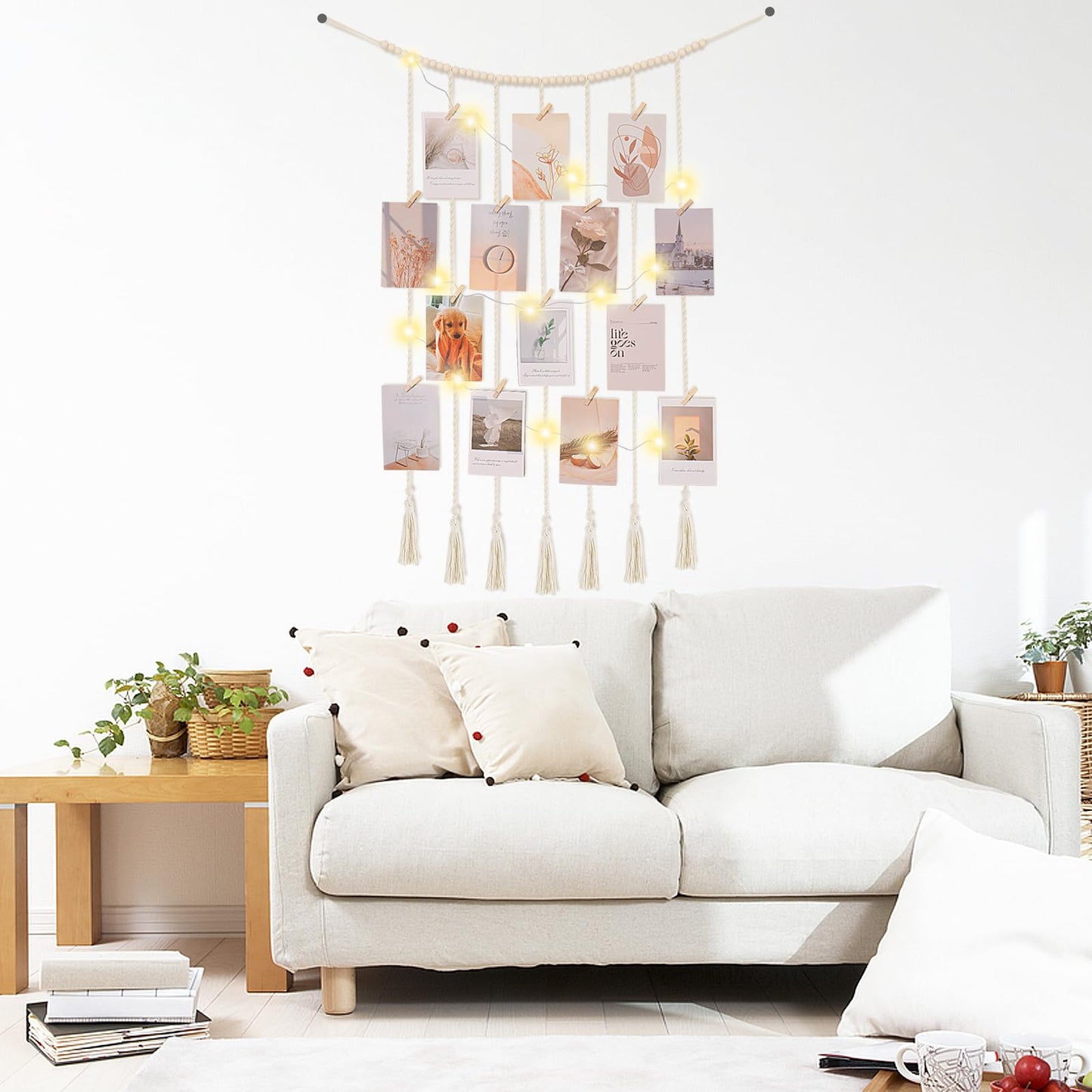 Poefditev Macrame Hanging Photo Display Boho Wall Decor with String Lights Wooden Beads Garland Picture Frame Collage Holder with 30 Clips for Room, Bedroom, Dorm, Christmas Teenage Teen Girl Gifts (Beige, Medium)