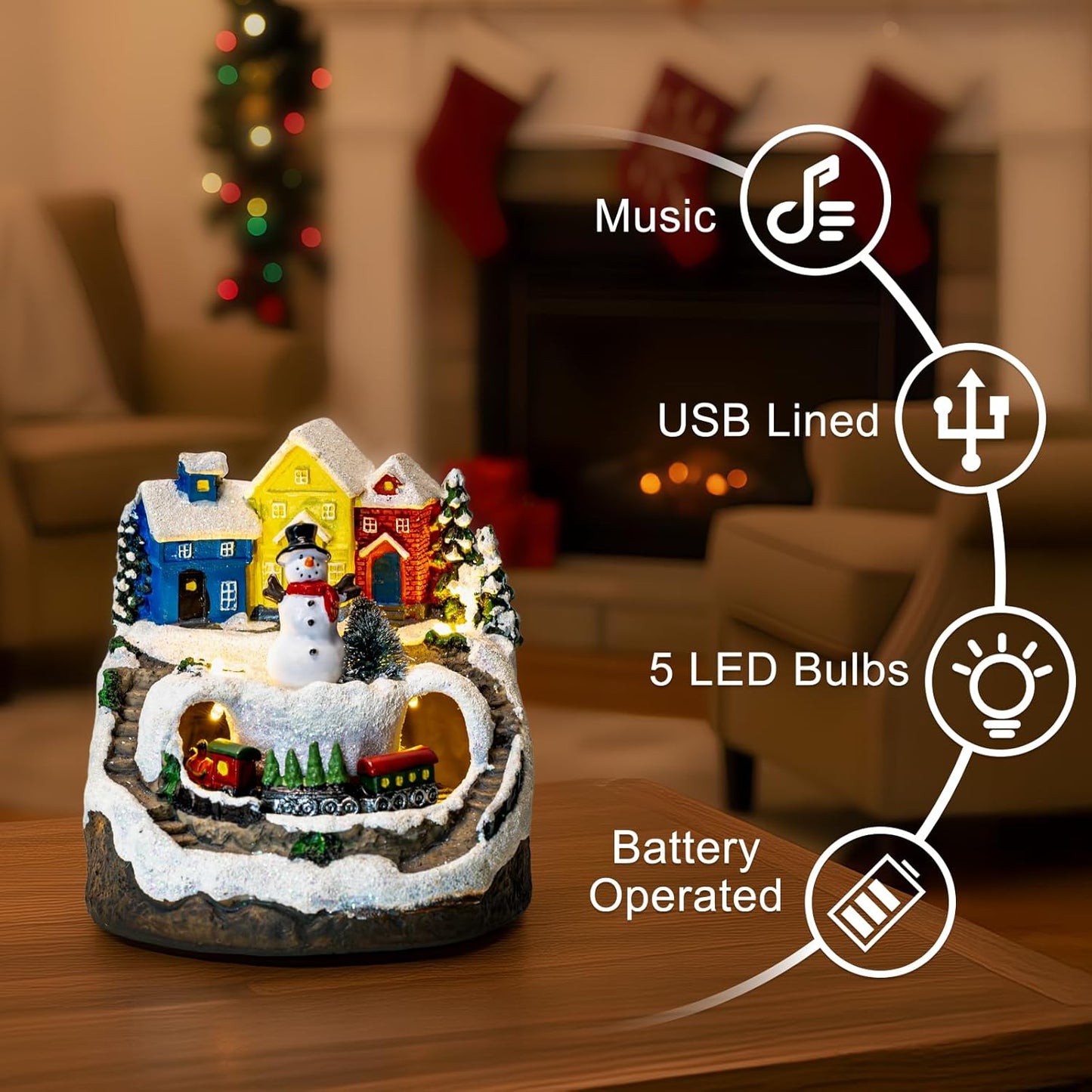 ZQQLITE Animated Musical Christmas Snowman Village - Lighted Figurines with Rotating Train for Home Decor