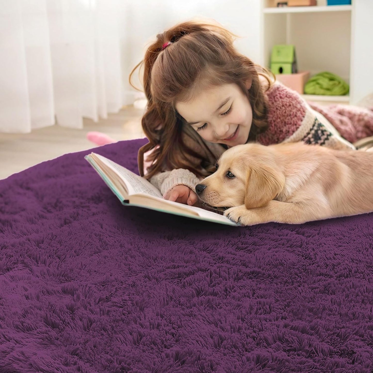 OLANLY Dark Purple Round Rug - Soft, Fluffy Shaggy Carpet | 6 ft Machine Washable Area Rug for Bedroom & Living Room Decor