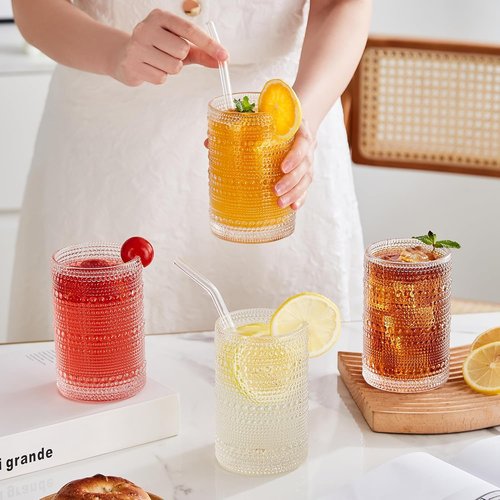 HomeVogue Vintage Hobnail Drinking Glasses Set of 12, 15oz Textured Tumblers - Embossed Clear Bar Glasses for Cocktails, Beer, Whiskey, Dishwasher-Safe Highball Cups for Kitchen, Juice & Mixed Drinks
