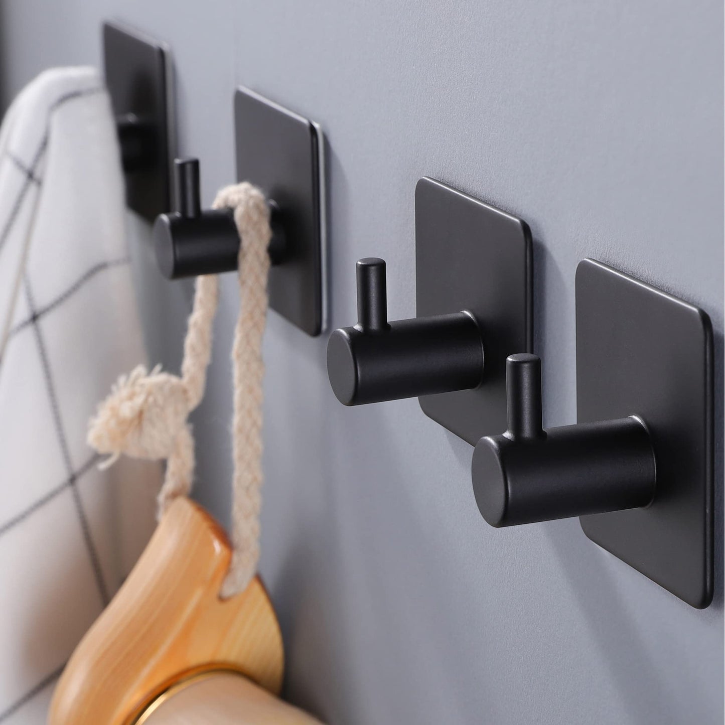YIGII Adhesive Hooks/Towel Hook - Wall Hooks Stick on Heavy Duty for Hanging Towels/Coat/Hat/Bag in Bathroom, Bedroom, Dorm, SUS-304 Stainless Steel Matte Black 4 Packs
