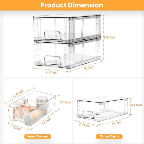 Clear Acrylic Fridge Organizer - 4 Pack Stackable Storage Drawers with Handles | Easy Assembly for Kitchen & Bathroom