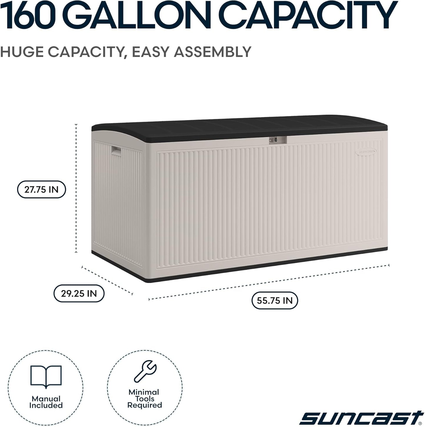 Suncast 160-Gal. Resin Outdoor Patio Deck Box - Extra-Large Storage with Pad-Lockable Lid | Iron Ore/French Gray