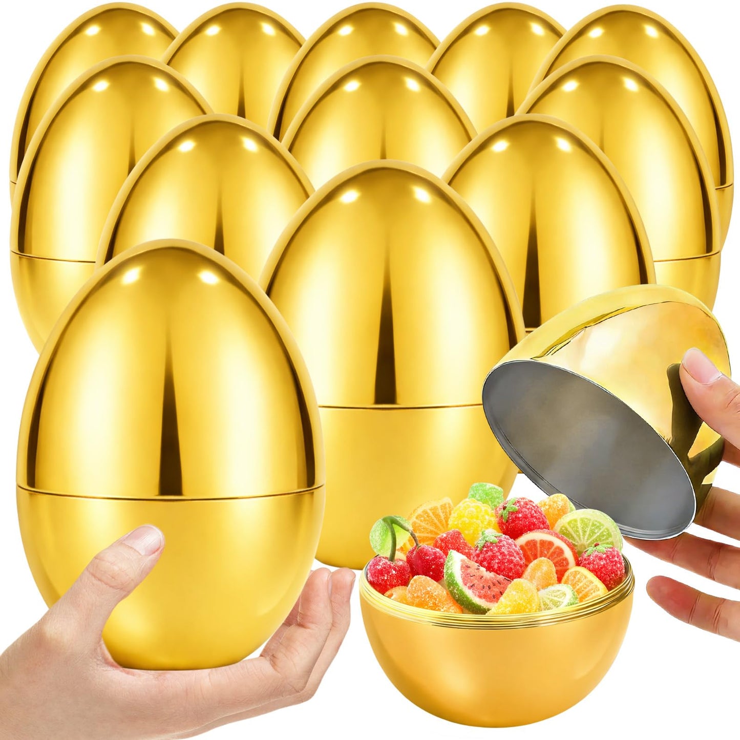 PIONJOY 12 PCS 6" Jumbo Golden Plastic Easter Eggs Fillable , Giant Empty Easter Eggs Fillable Bright Gold Metallic Egg for Kids Boys Girls Classroom Prizes Easter Basket Stuffers Party Favors
